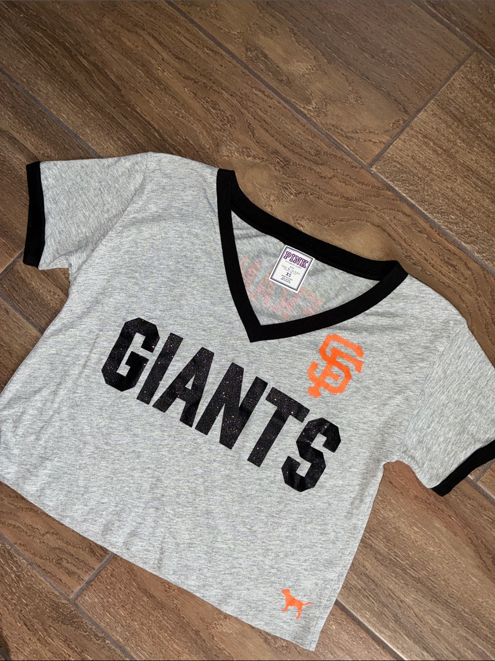 PINK Victoria's Secret Gray Crop Tee with Black Trim and Orange SF Logo